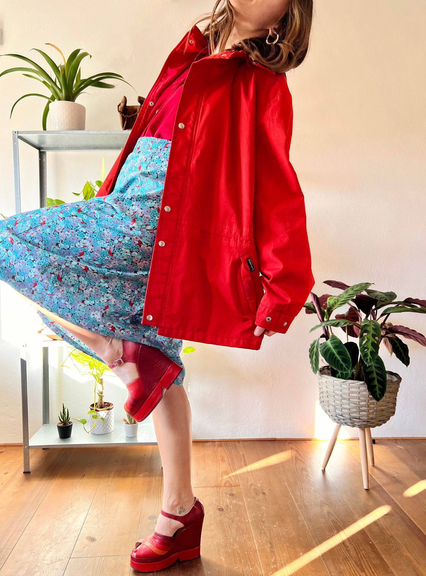 1980's vintage cherry red rain coat with detachable hood