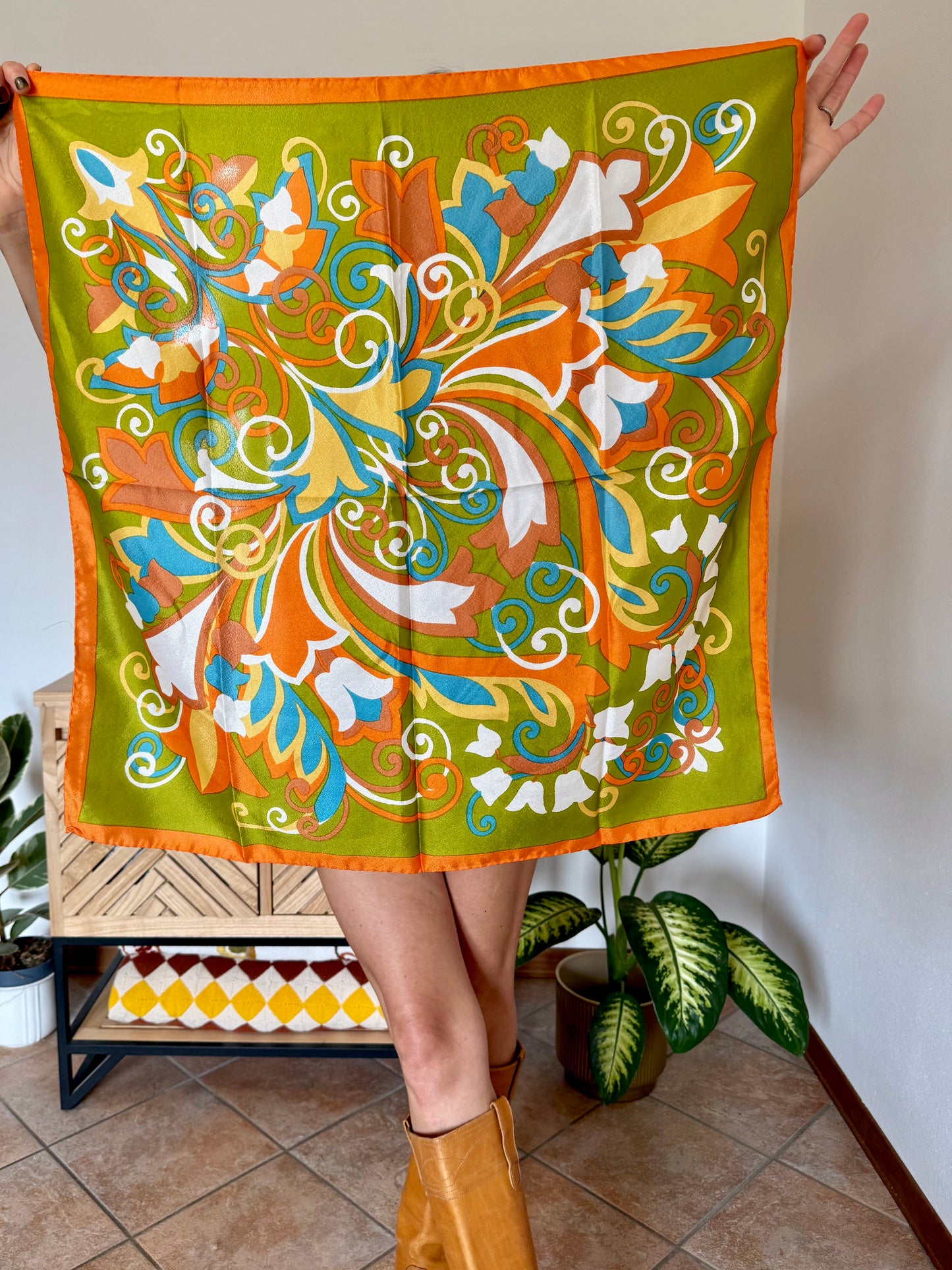 1960's vintage orange, green and blue mod floral print scarf
