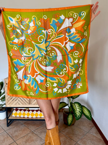 1960's vintage orange, green and blue mod floral print scarf