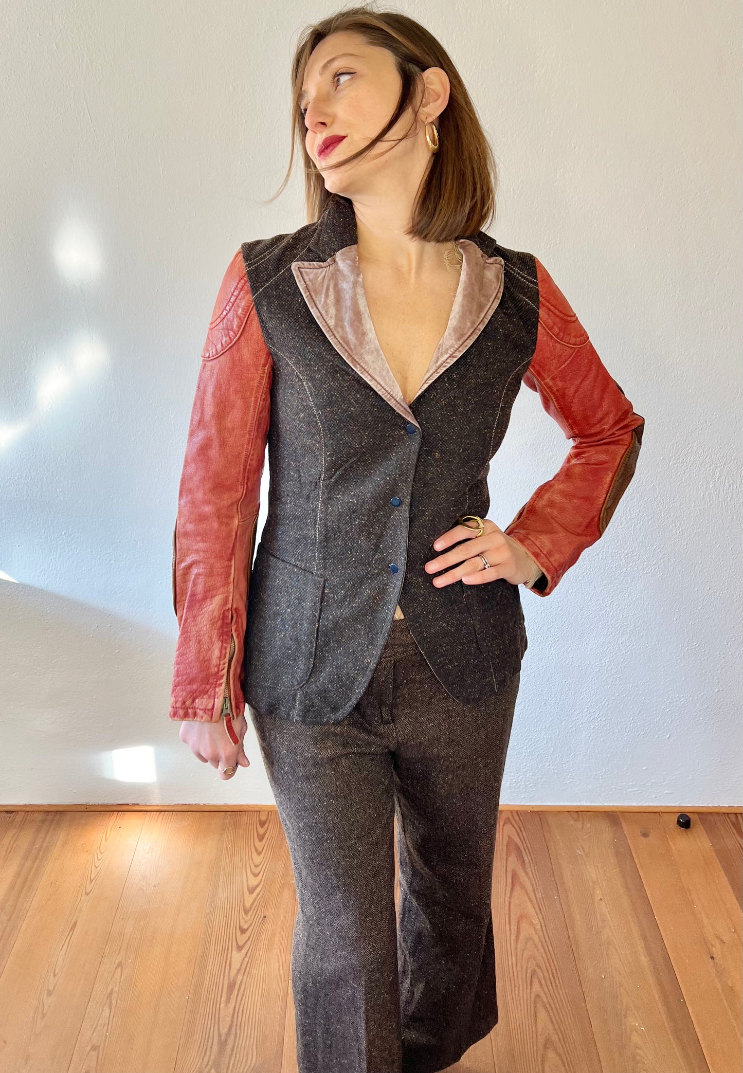 1990's vintage brown tweed jacket with coral leather sleeves