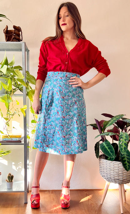 1970's vintage turquoise and red floral midi skirt