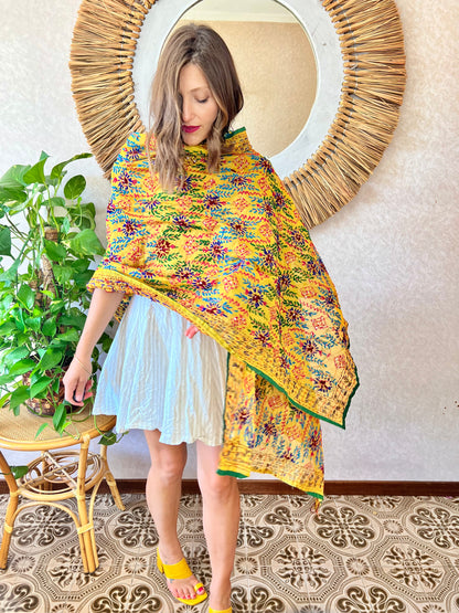 1970's vintage multicolor hand embroidered floral shawl