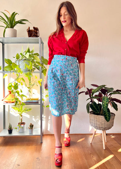 1970's vintage turquoise and red floral midi skirt