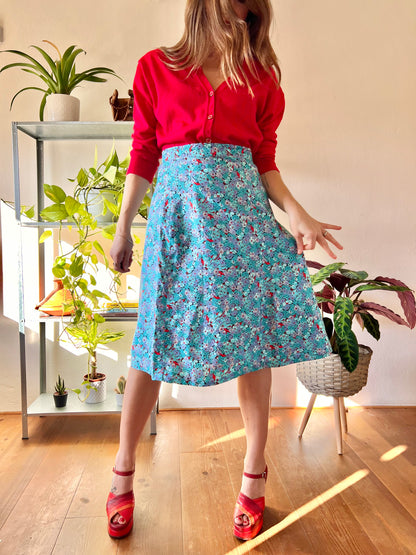 1970's vintage turquoise and red floral midi skirt