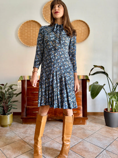1970's vintage navy blue floral midi dress with bot tie neck