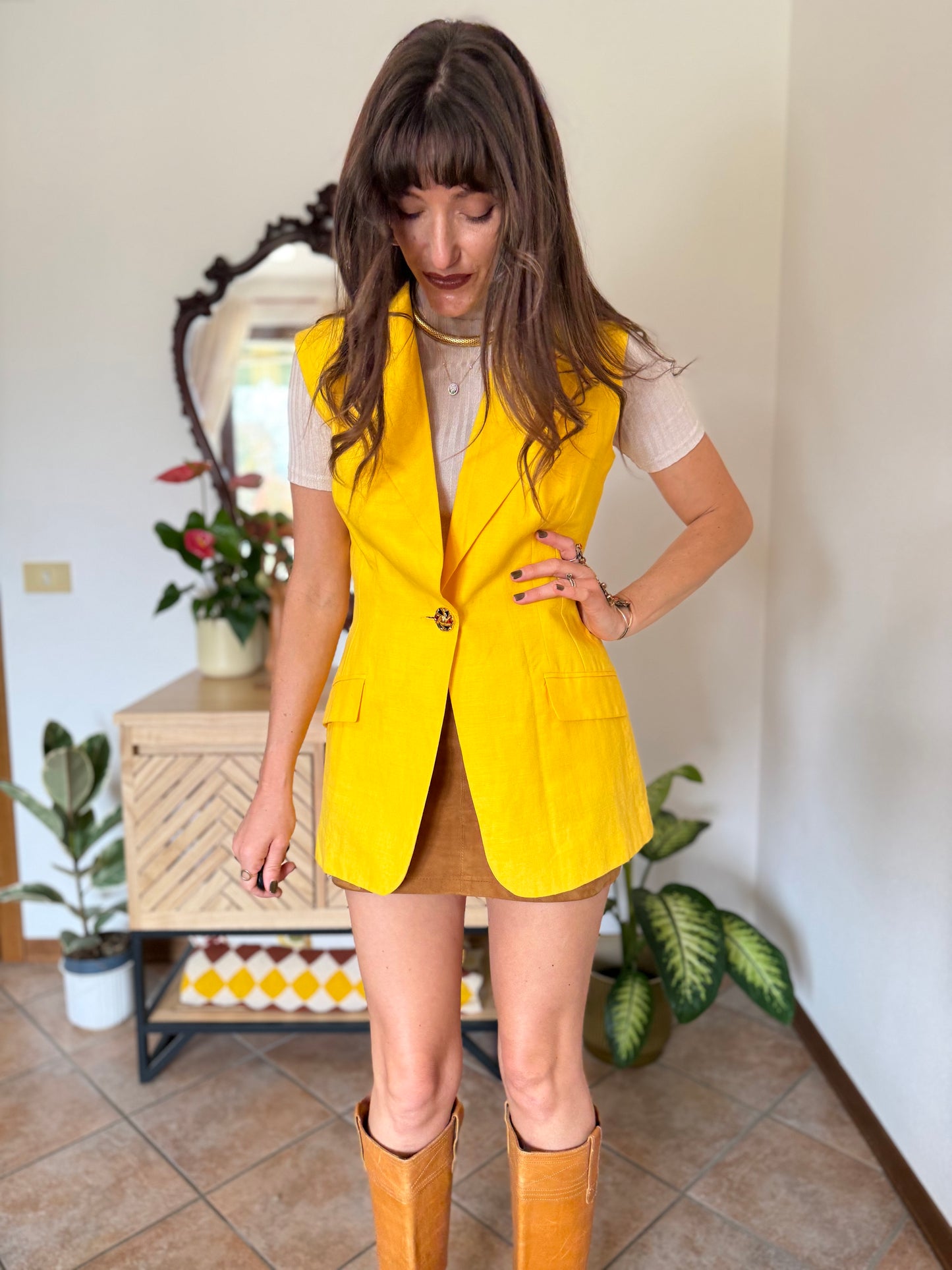 1970's vintage canary yellow linen and cotton blend vest with jewel tone button closure