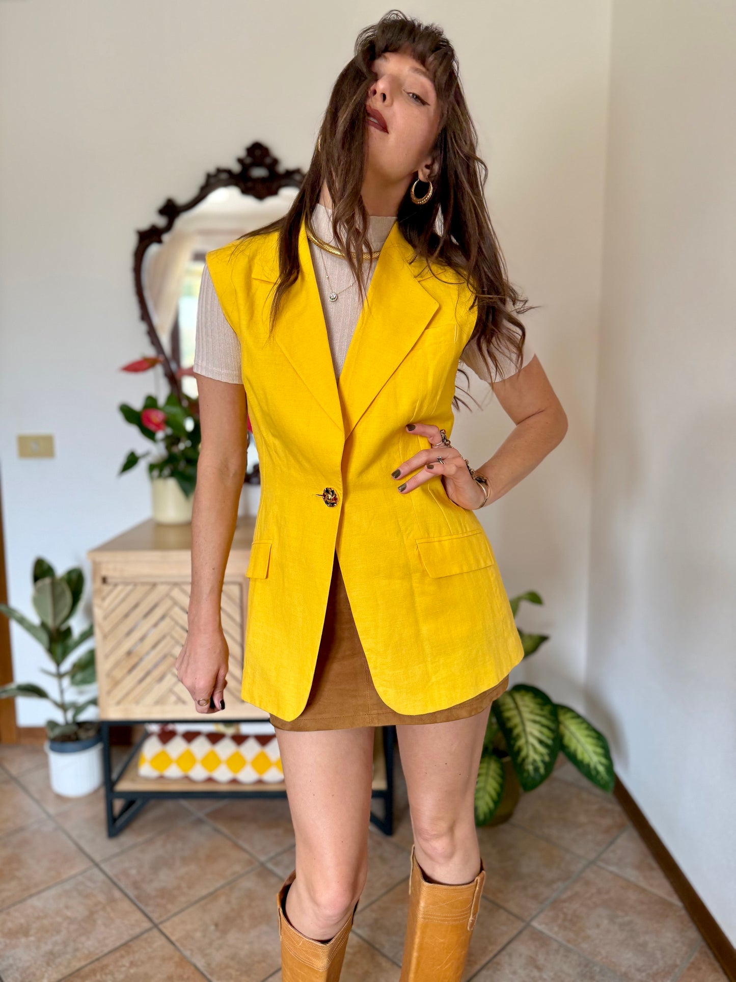 1970's vintage canary yellow linen and cotton blend vest with jewel tone button closure