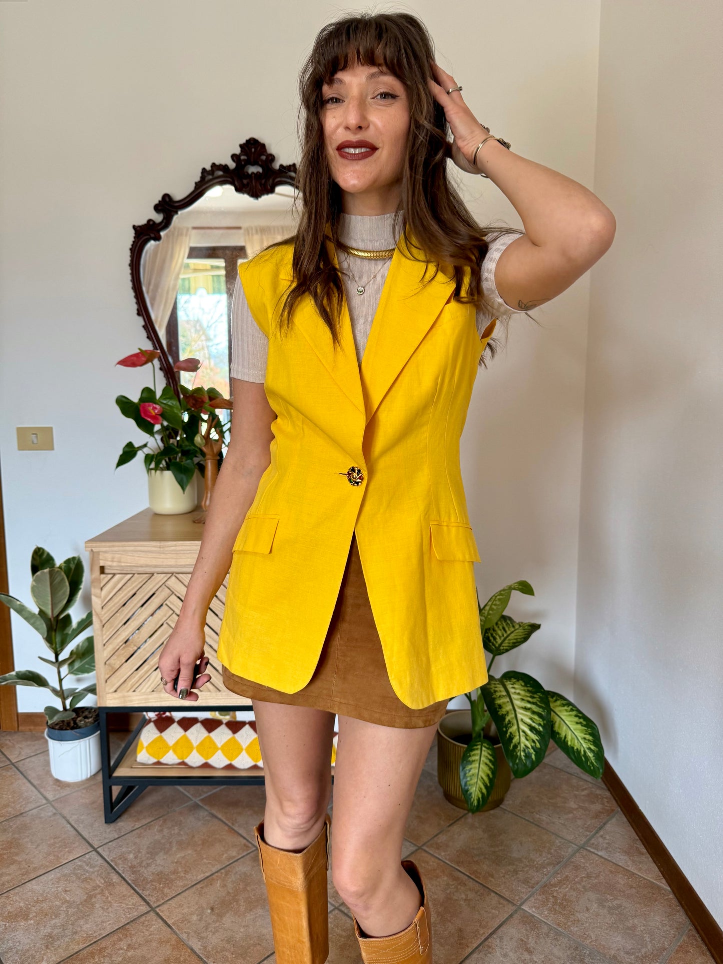 1970's vintage canary yellow linen and cotton blend vest with jewel tone button closure