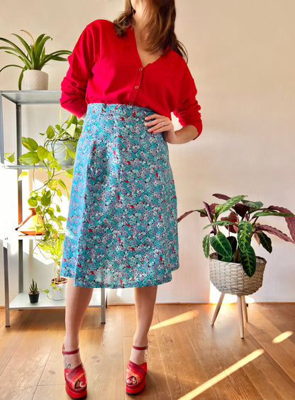 1970's vintage turquoise and red floral midi skirt