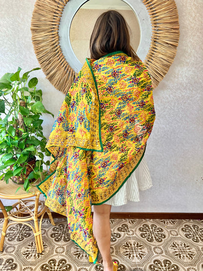 1970's vintage multicolor hand embroidered floral shawl