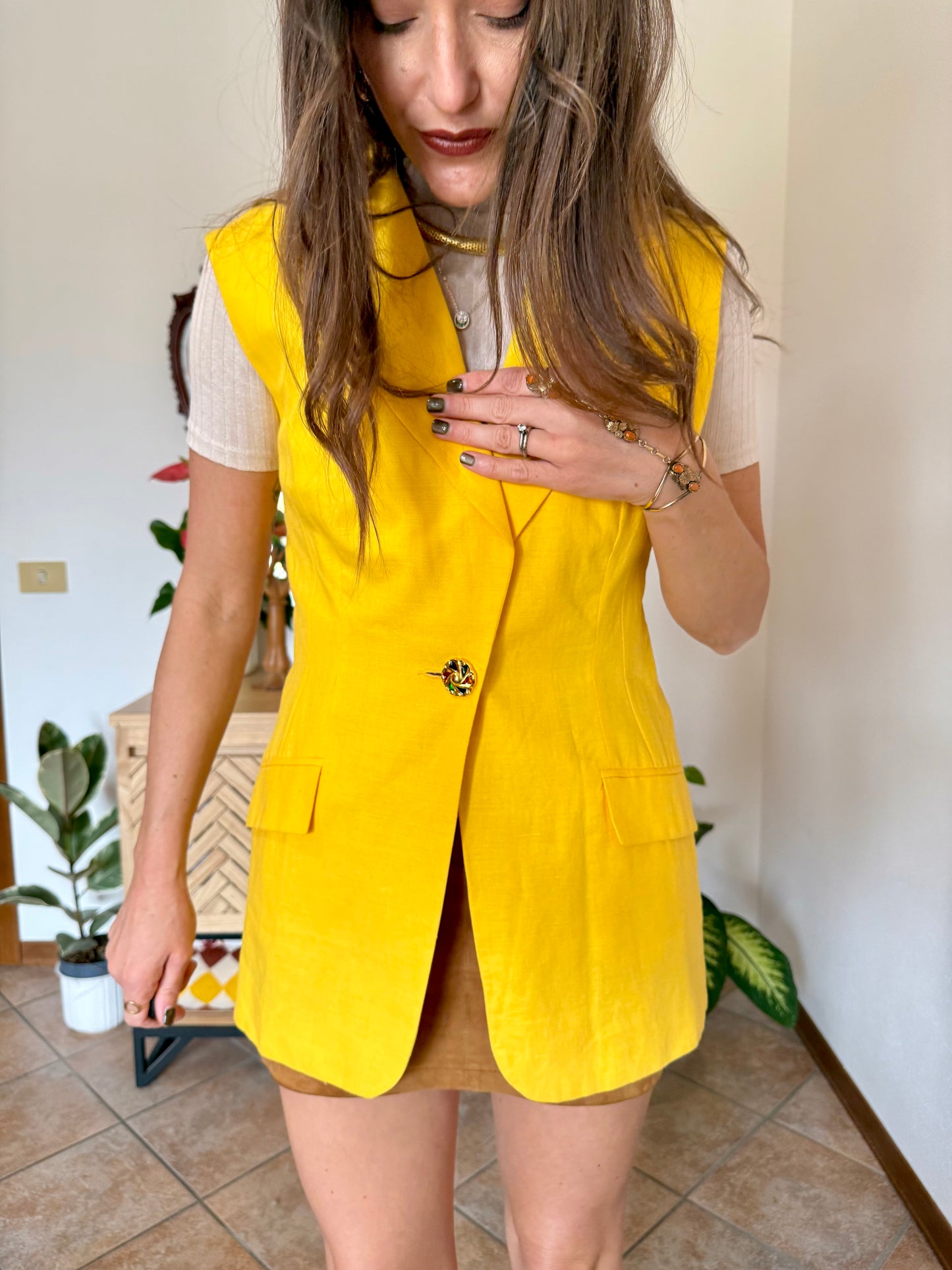 1970's vintage canary yellow linen and cotton blend vest with jewel tone button closure