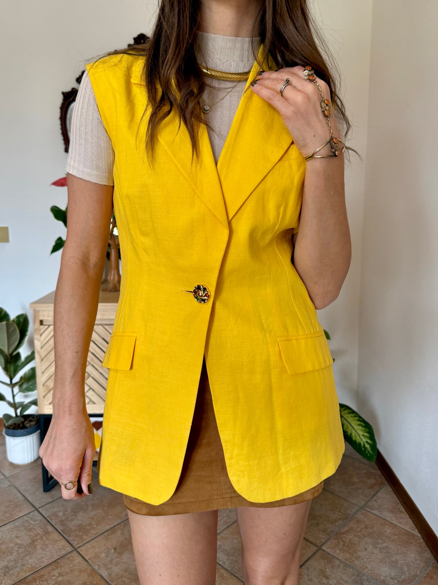 1970's vintage canary yellow linen and cotton blend vest with jewel tone button closure