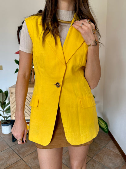 1970's vintage canary yellow linen and cotton blend vest with jewel tone button closure