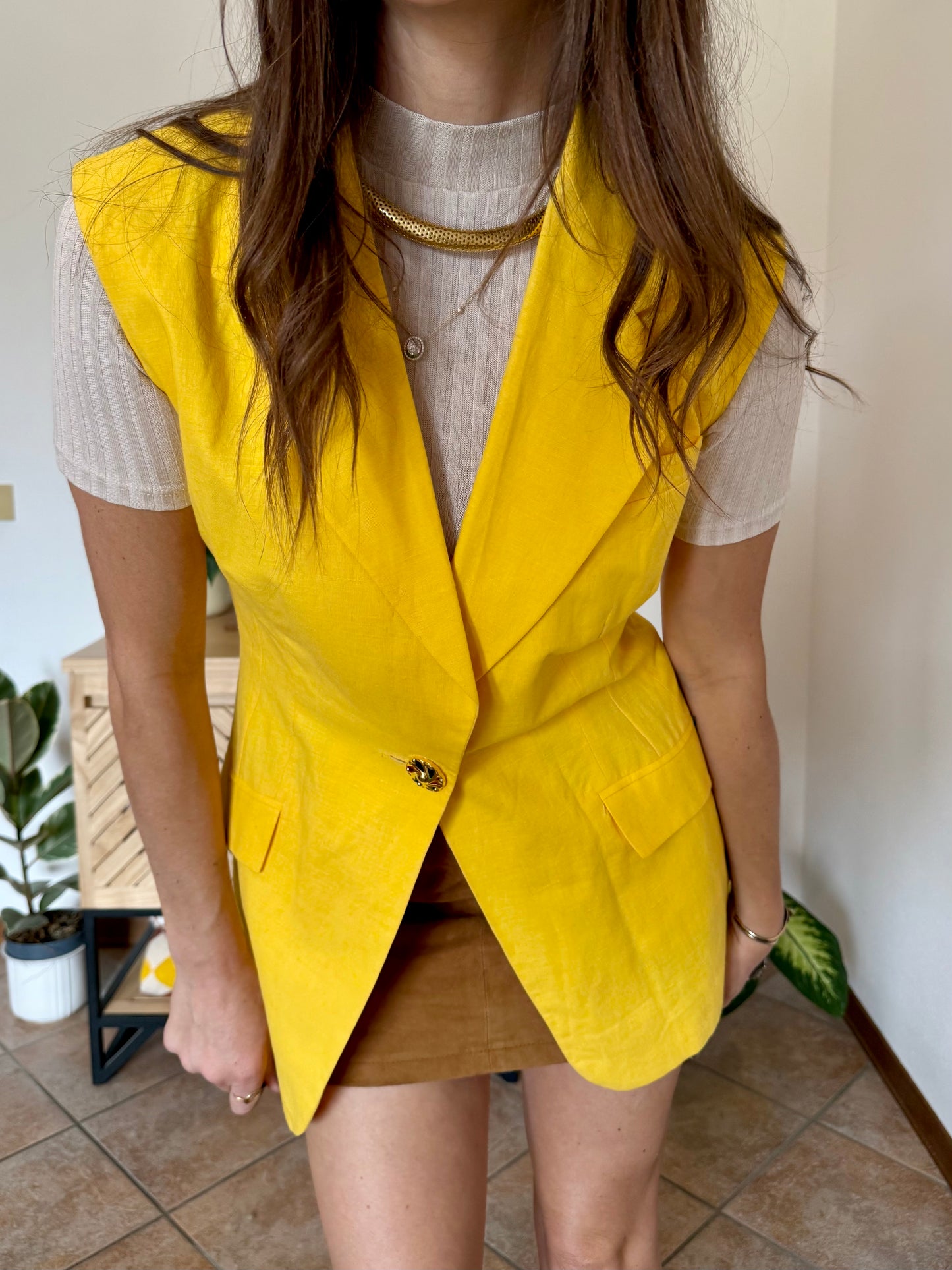 1970's vintage canary yellow linen and cotton blend vest with jewel tone button closure
