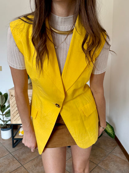 1970's vintage canary yellow linen and cotton blend vest with jewel tone button closure