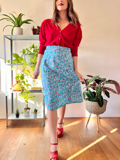 1970's vintage turquoise and red floral midi skirt