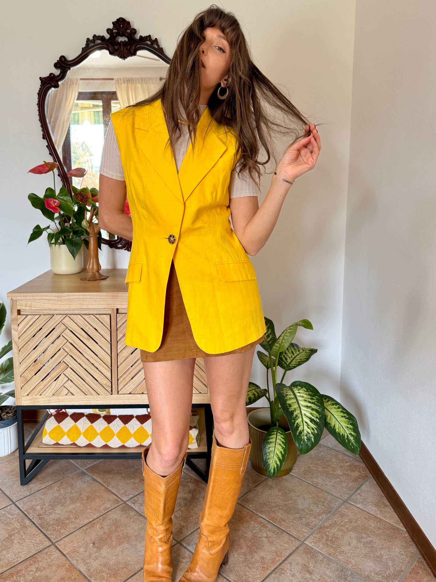 1970's vintage canary yellow linen and cotton blend vest with jewel tone button closure