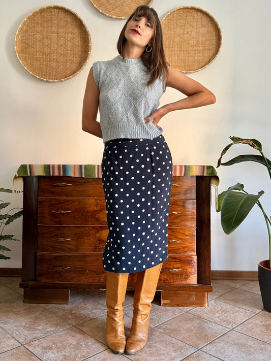 1970's vintage navy blue and white polkadot midi skirt