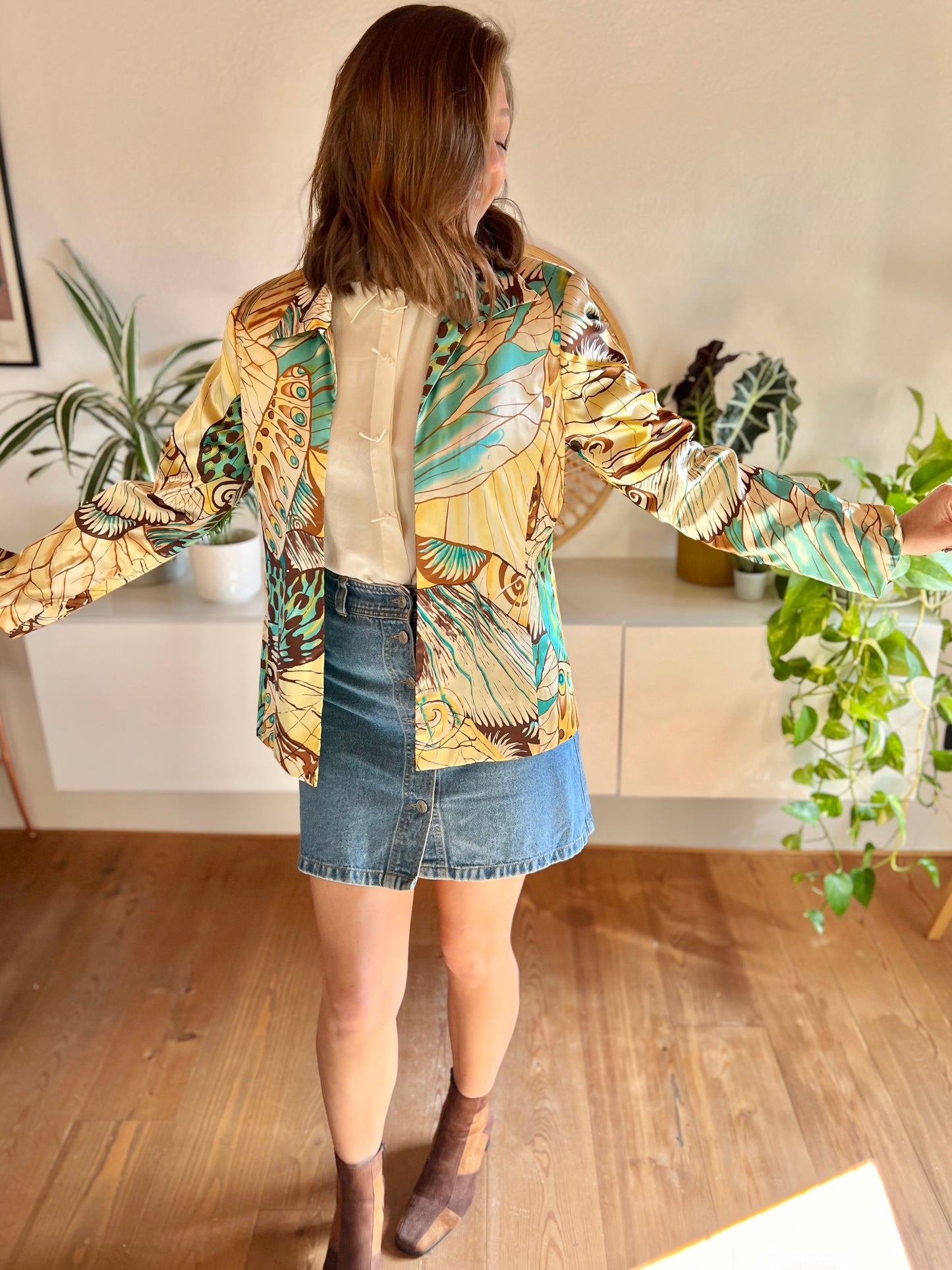 1990's vintage turquoise and brown silk butterfly blazer