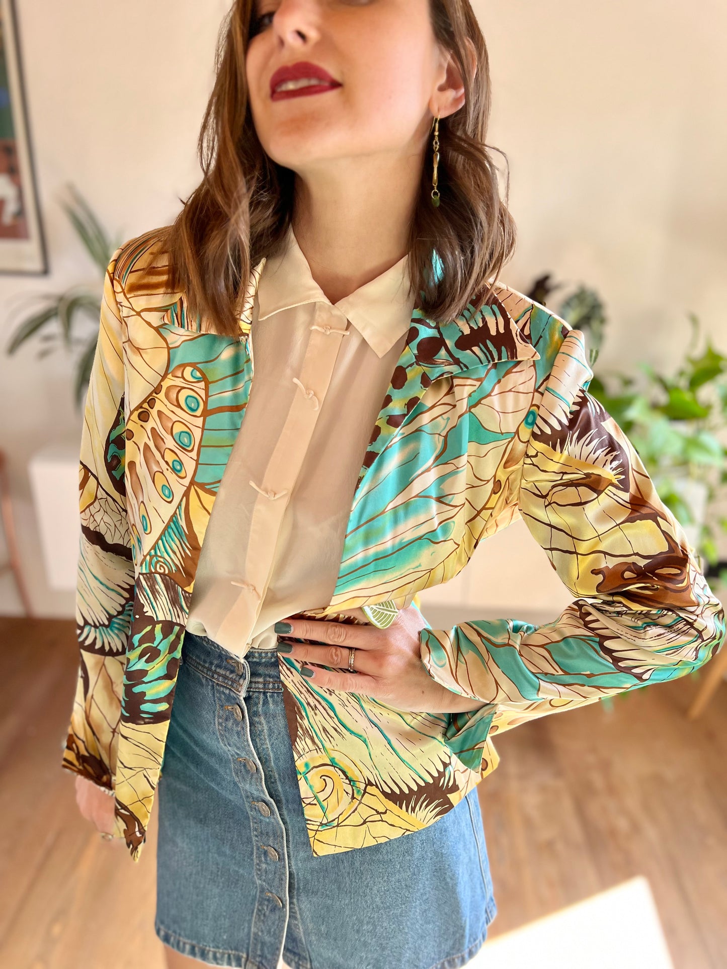 1990's vintage turquoise and brown silk butterfly blazer