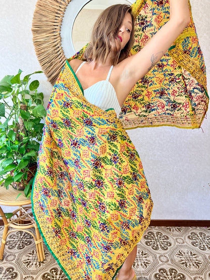 1970's vintage multicolor hand embroidered floral shawl