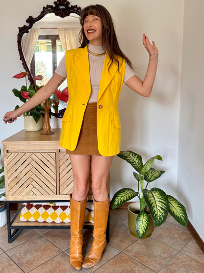 1970's vintage canary yellow linen and cotton blend vest with jewel tone button closure