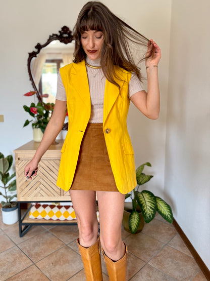1970's vintage canary yellow linen and cotton blend vest with jewel tone button closure