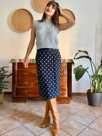 1970's vintage navy blue and white polkadot midi skirt