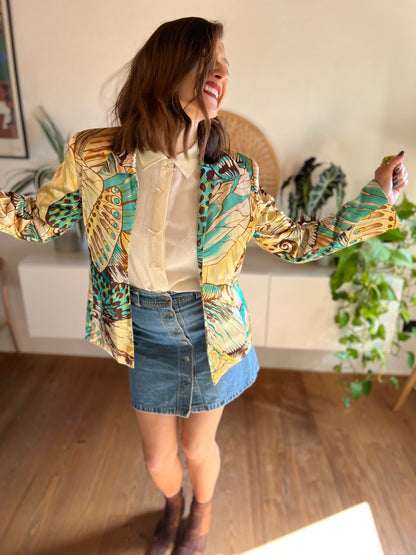 1990's vintage turquoise and brown silk butterfly blazer