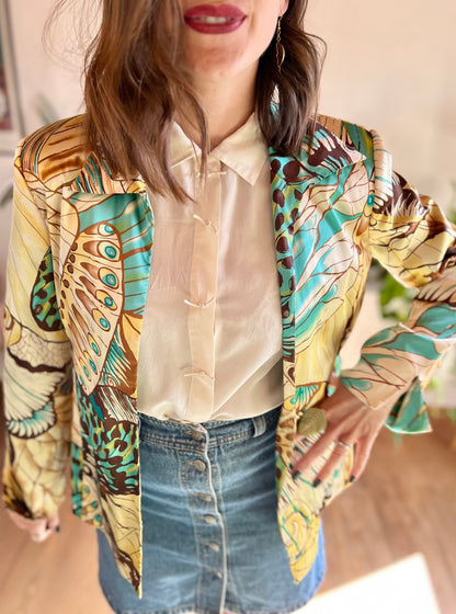 1990's vintage turquoise and brown silk butterfly blazer