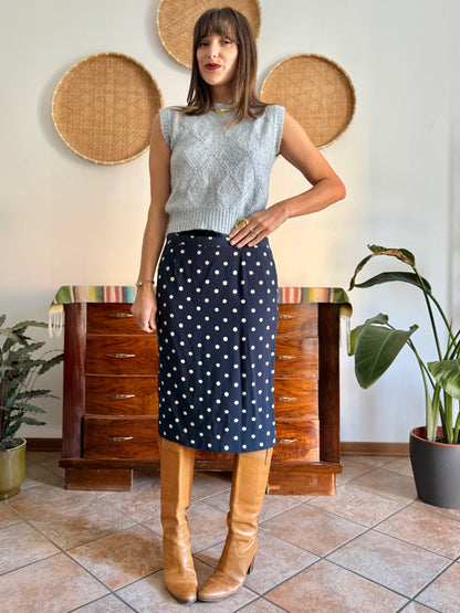 1970's vintage navy blue and white polkadot midi skirt