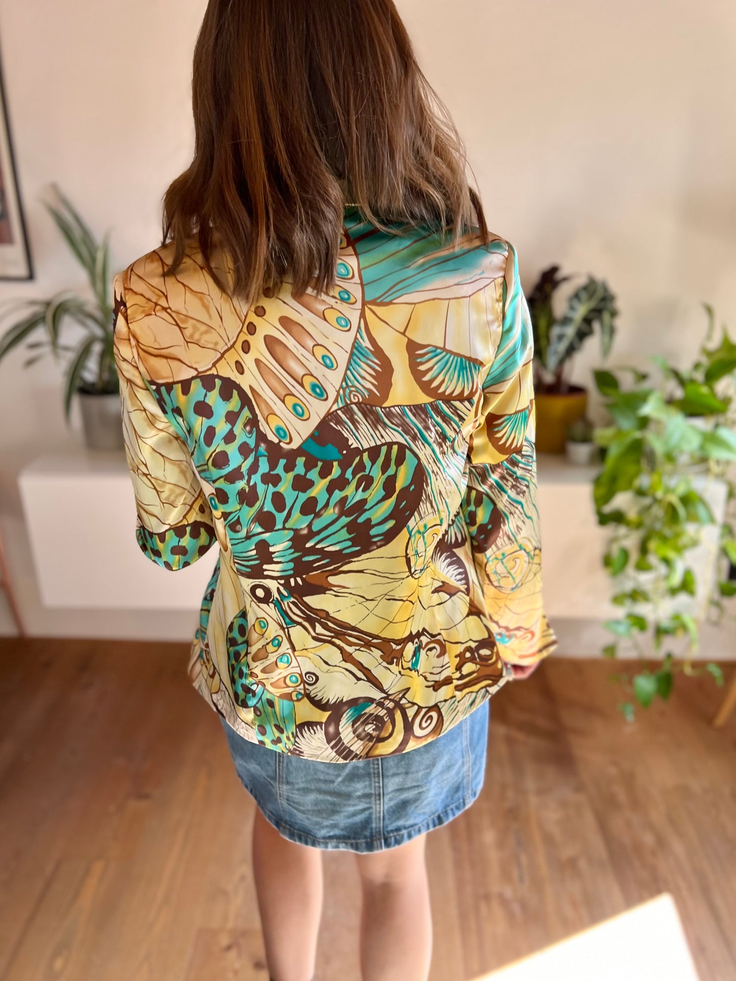 1990's vintage turquoise and brown silk butterfly blazer