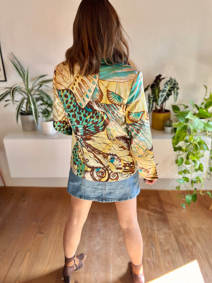 1990's vintage turquoise and brown silk butterfly blazer