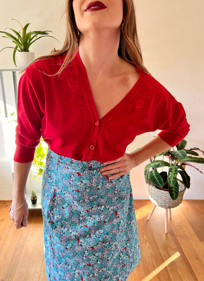 1980's vintage wool blend red cardigan with embroidered rose