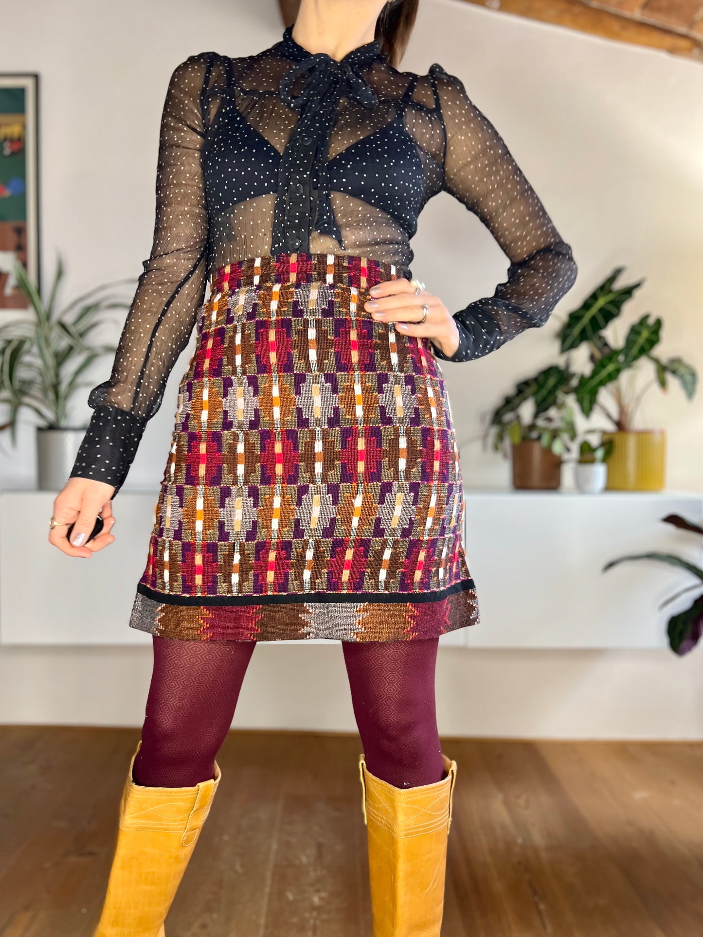 1970's vintage red and purple cashmere knit mini skirt