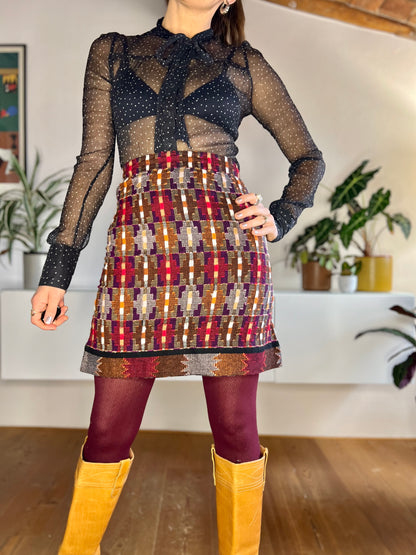 1970's vintage red and purple cashmere knit mini skirt