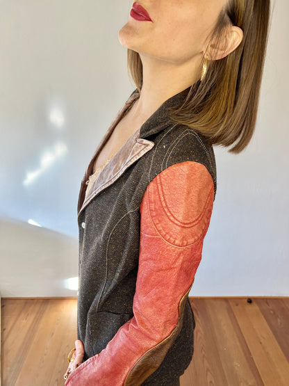 1990's vintage brown tweed jacket with coral leather sleeves