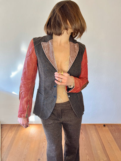 1990's vintage brown tweed jacket with coral leather sleeves