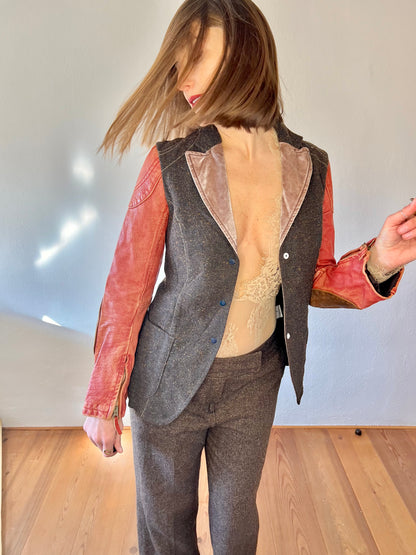 1990's vintage brown tweed jacket with coral leather sleeves