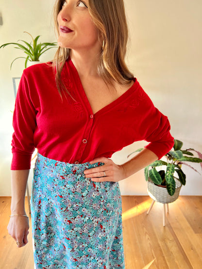 1980's vintage wool blend red cardigan with embroidered rose