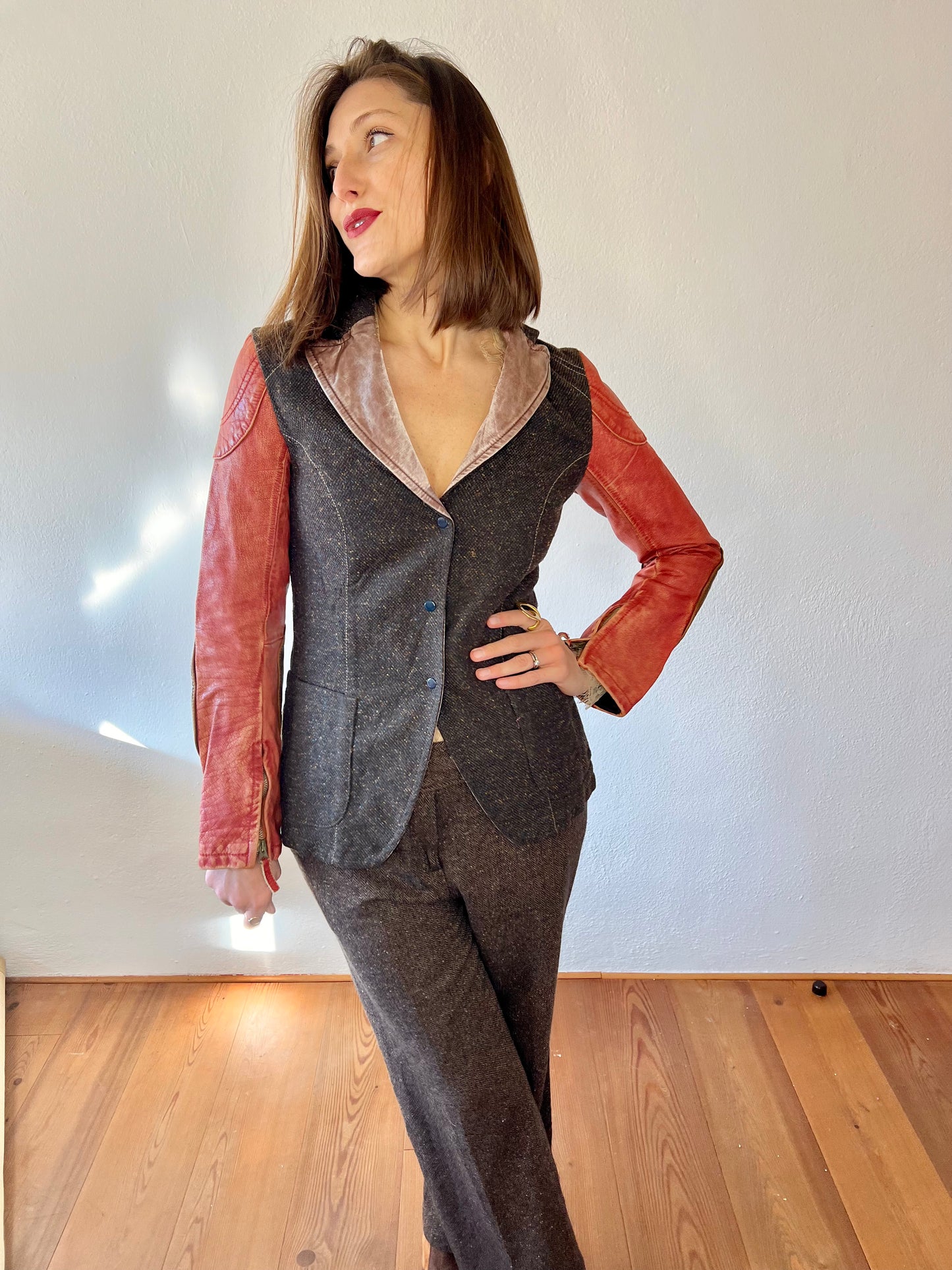 1990's vintage brown tweed jacket with coral leather sleeves