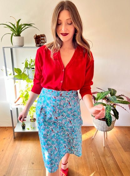 1980's vintage wool blend red cardigan with embroidered rose