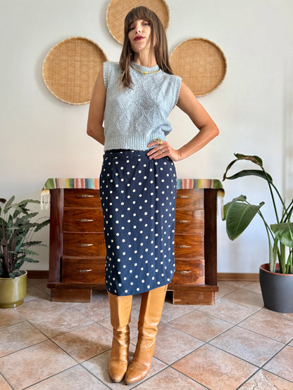 1970's vintage navy blue and white polkadot midi skirt
