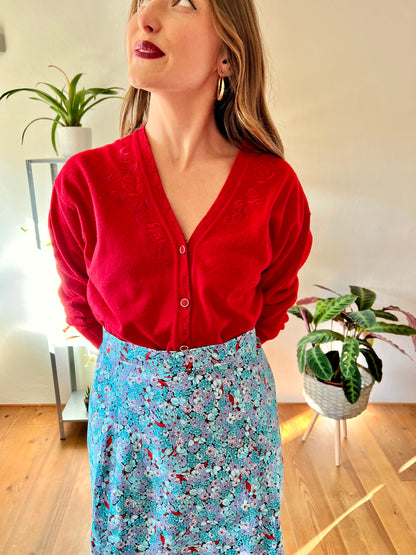 1980's vintage wool blend red cardigan with embroidered rose