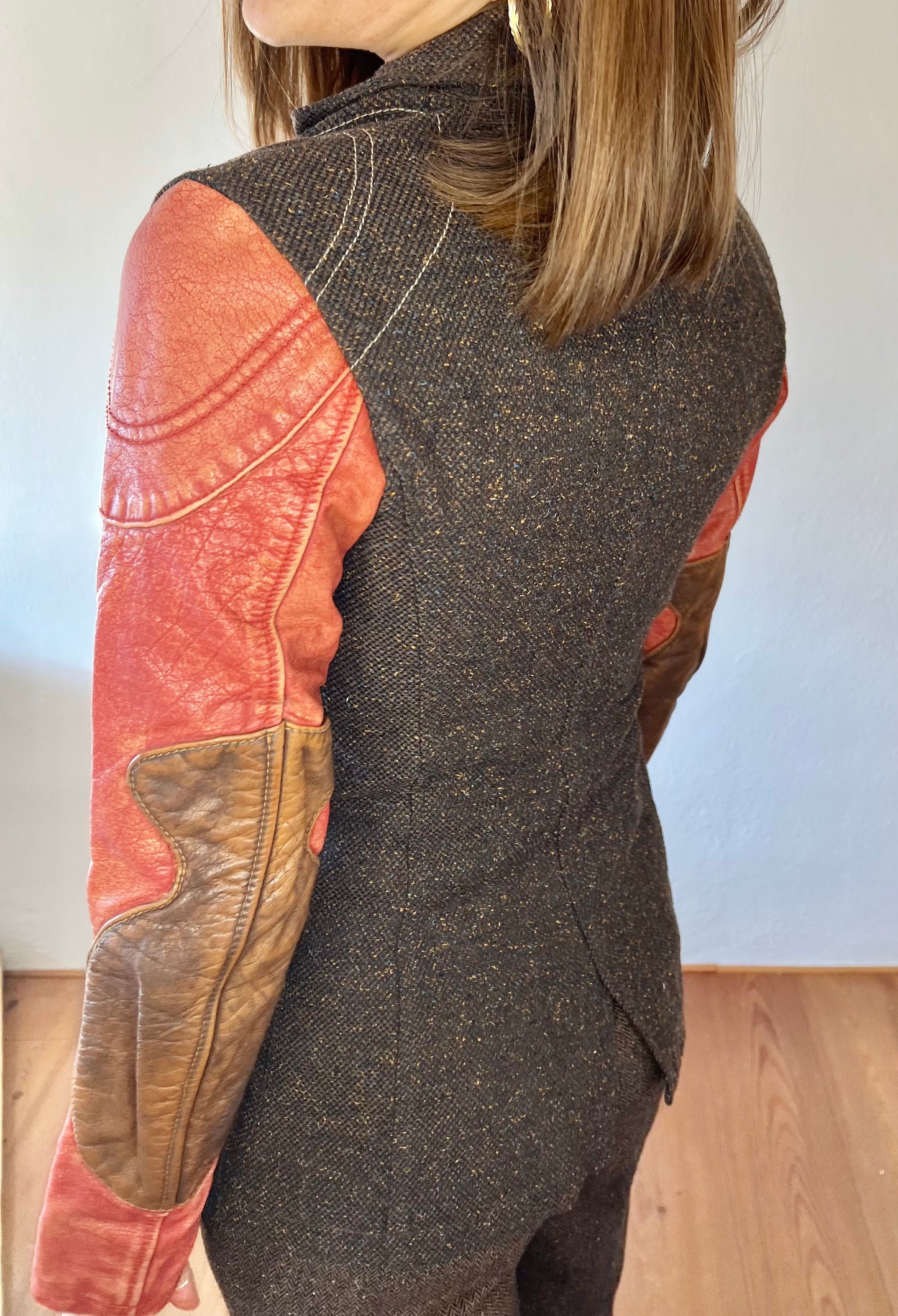 1990's vintage brown tweed jacket with coral leather sleeves