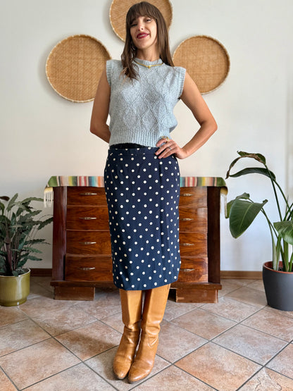 1970's vintage navy blue and white polkadot midi skirt