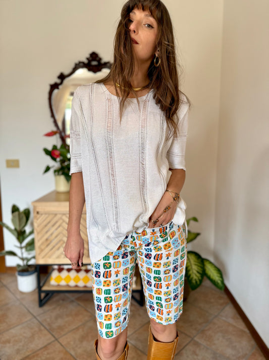 1970's vintage textured stripe knit short sleeve cotton pullover