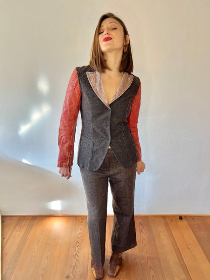 1990's vintage brown tweed jacket with coral leather sleeves