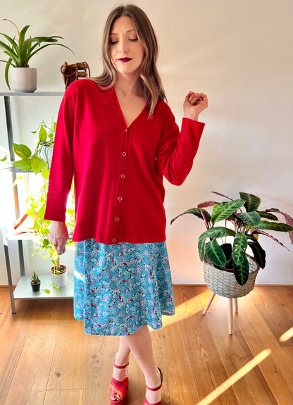 1980's vintage wool blend red cardigan with embroidered rose