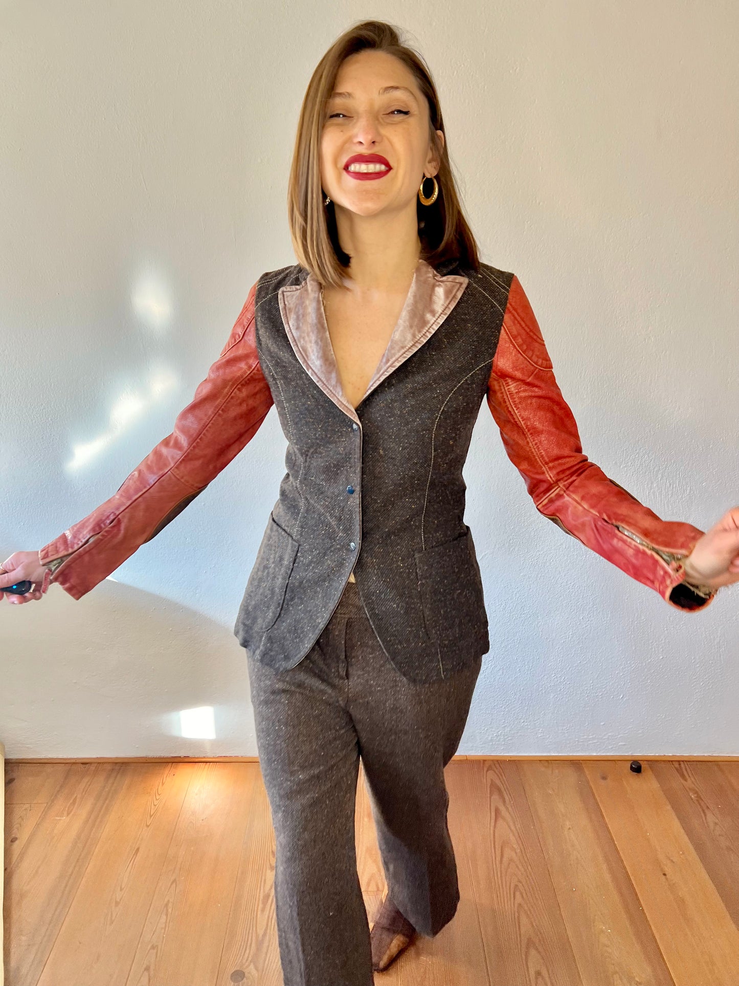 1990's vintage brown tweed jacket with coral leather sleeves